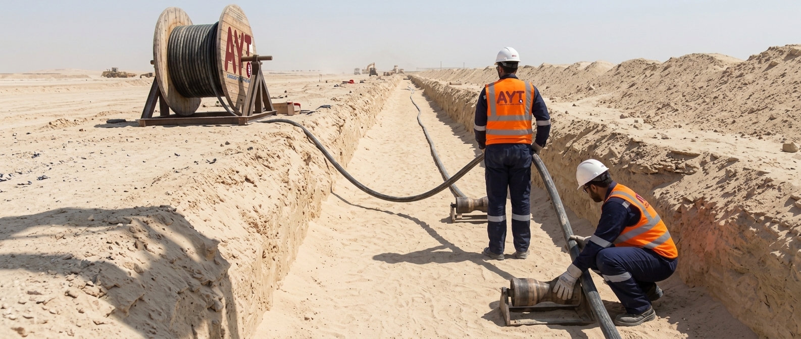 Open trench cable laying with rollers and cable drum at a site in Qatar