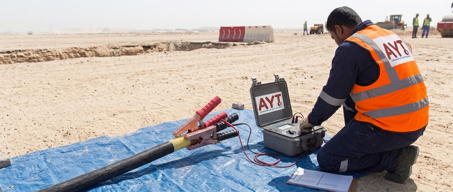 Open trench cable laying with rollers and cable drum at a site in Qatar