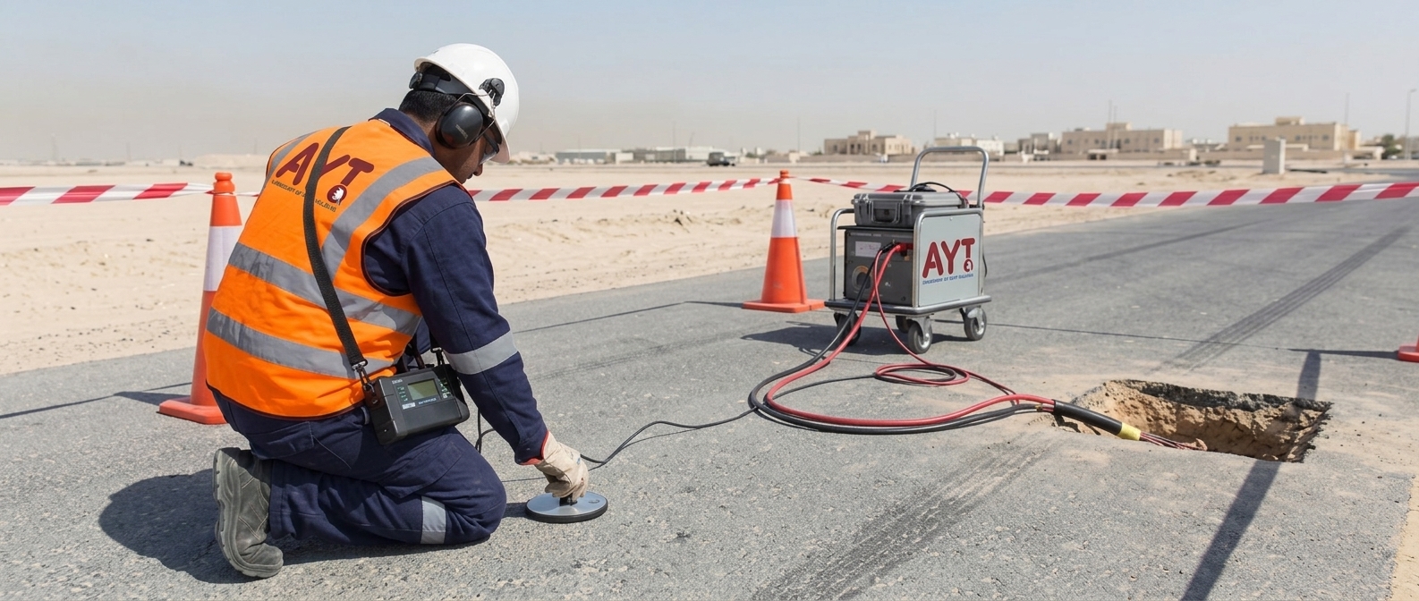 Open trench cable laying with rollers and cable drum at a site in Qatar