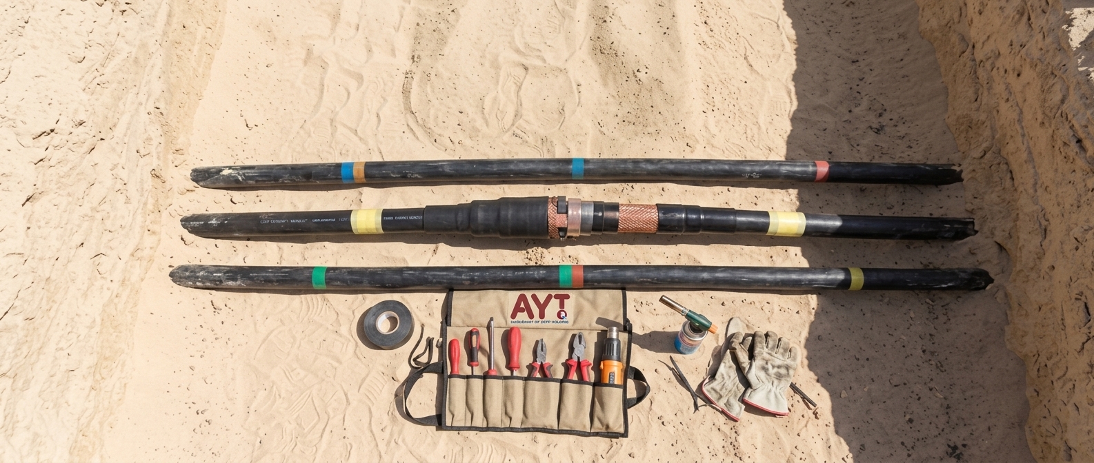 Open trench cable laying with rollers and cable drum at a site in Qatar