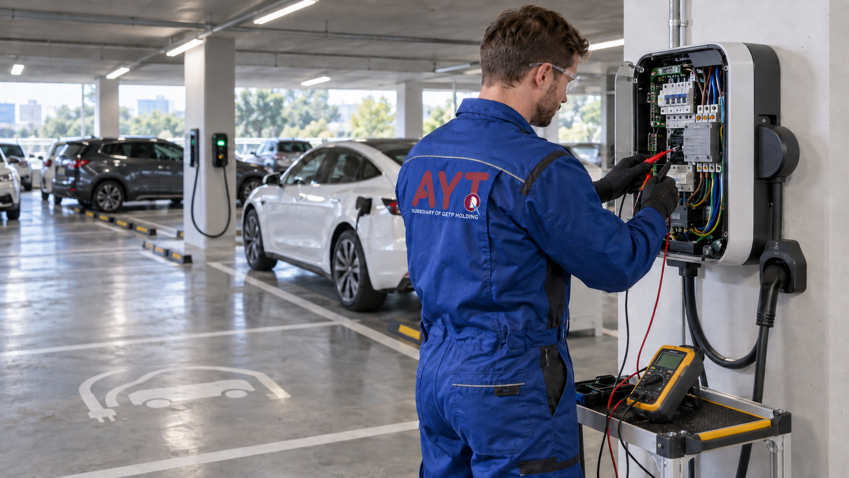 Engineer commissioning an EV charger with a test adaptor