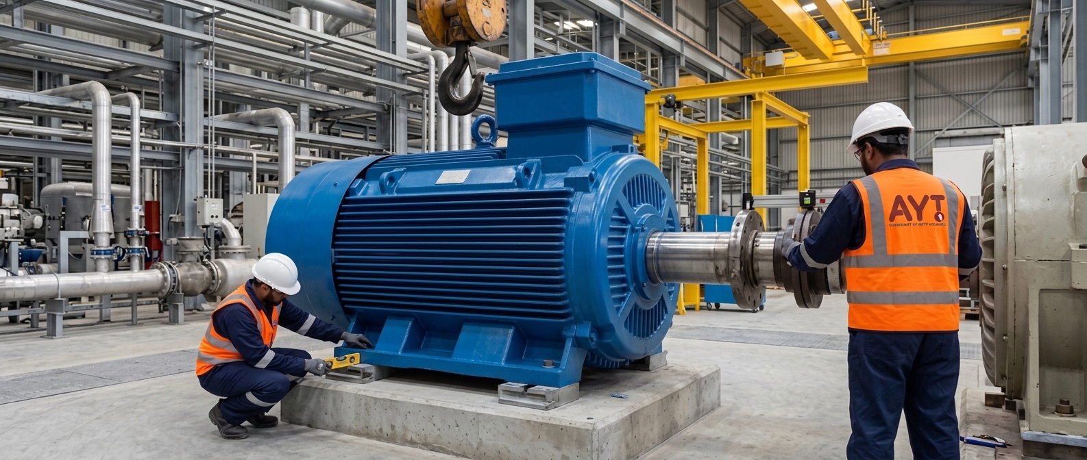 HV electric motor being installed and aligned at an industrial site in Qatar