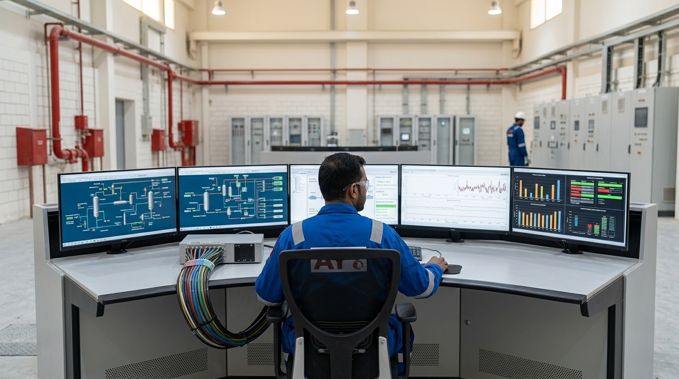 PLC control panel and SCADA workstation in an industrial facility in Qatar