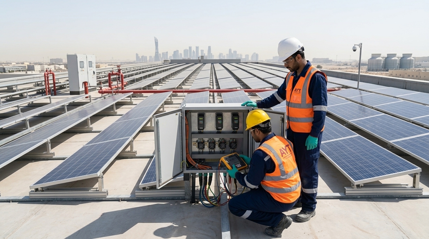 Rooftop solar PV panels installed on a commercial building in Qatar