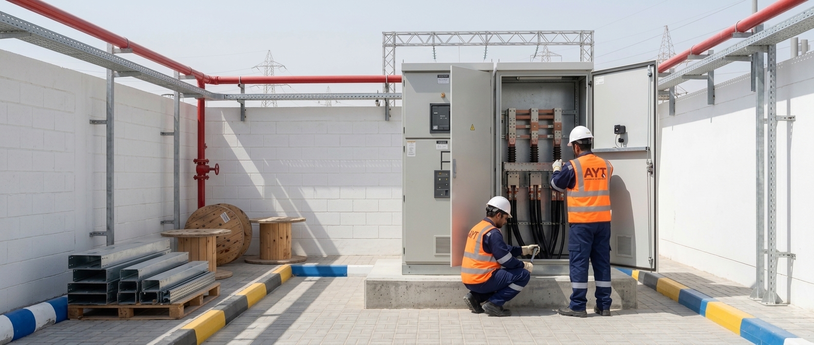 Technicians installing MV switchgear at a substation compound in Qatar