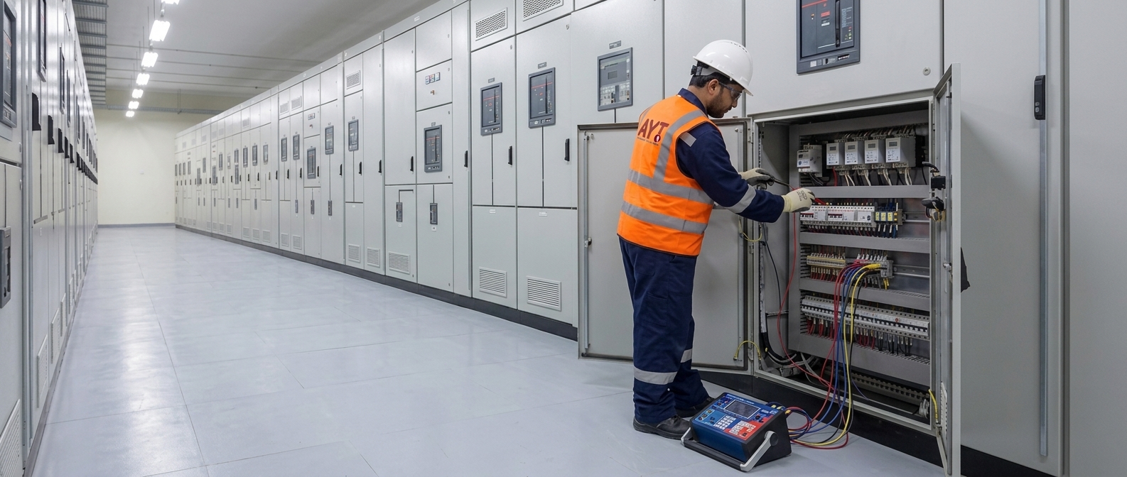Technicians installing MV switchgear at a substation compound in Qatar