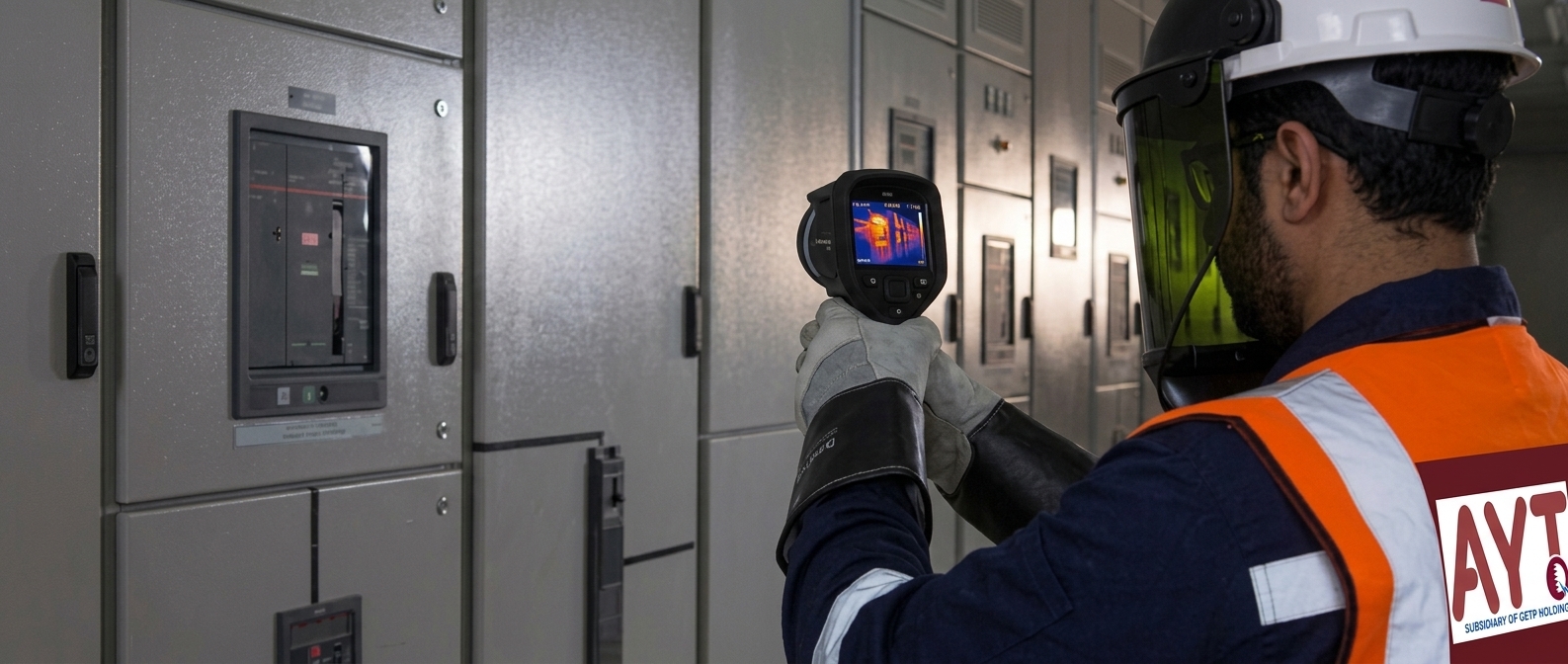 Technicians installing MV switchgear at a substation compound in Qatar