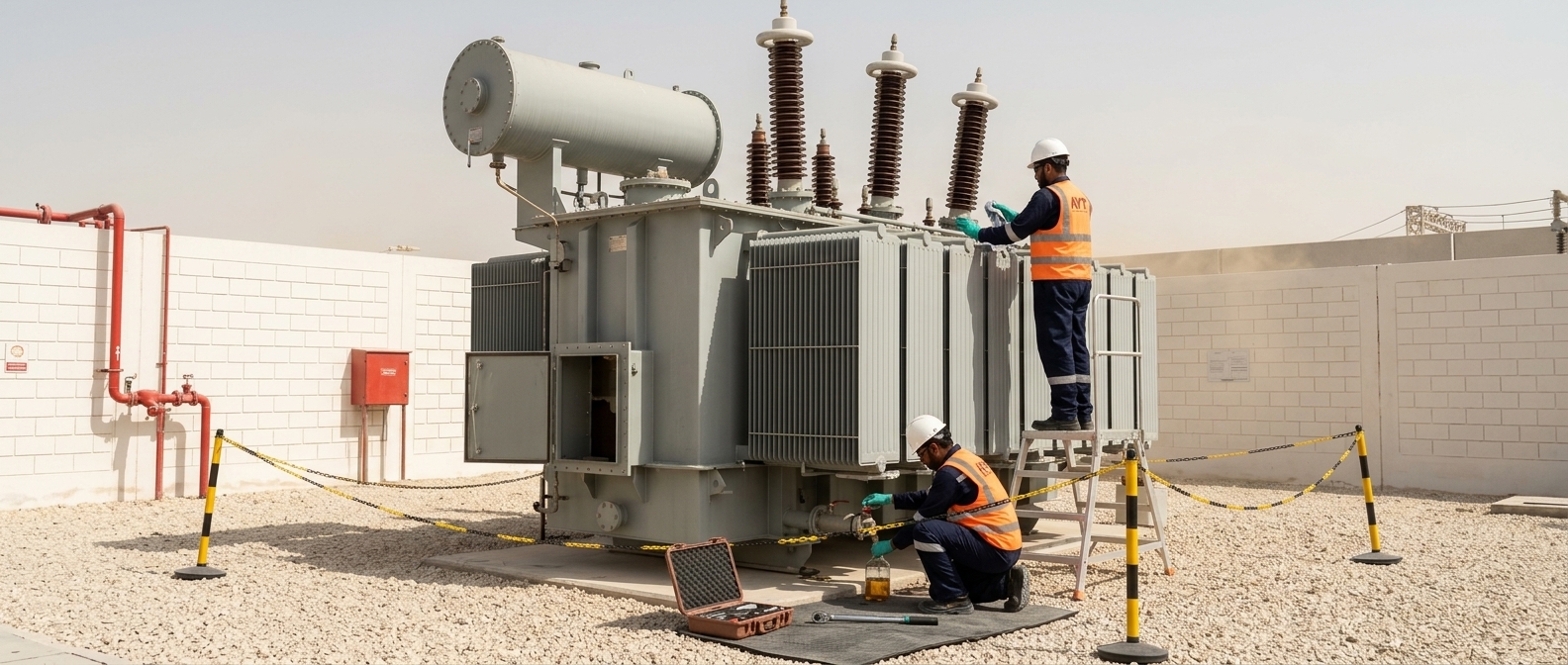 Technician servicing the tap changer on an in-service power transformer
