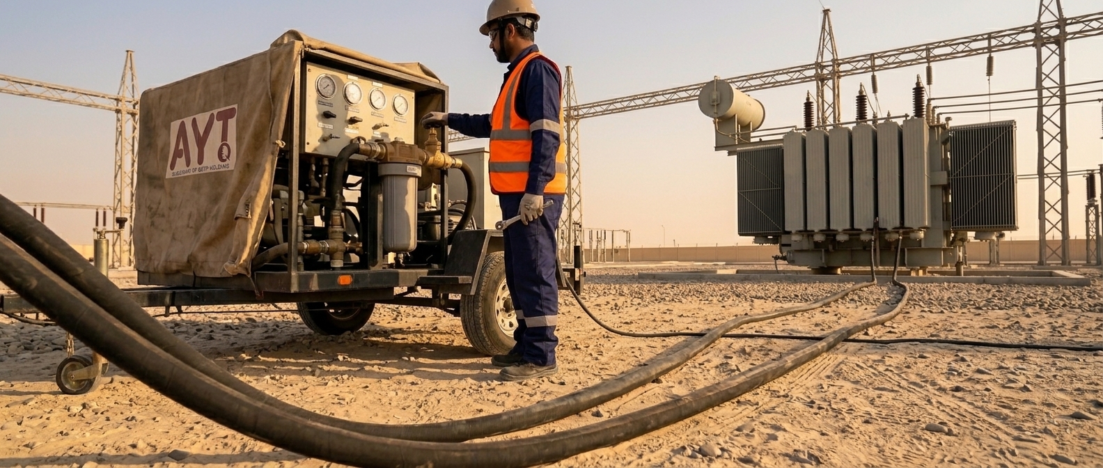 On-site transformer oil filtration rig connected to a power transformer in Qatar
